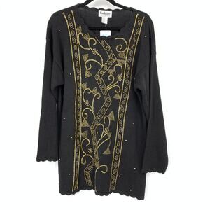 Exclusive Imports Sweater Womens M Black Gold Beaded Ramie Cotton Vintage